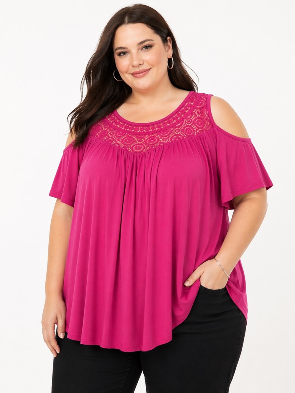 Lane Bryant 5X Pink Cold Shoulder Lace Top Plus Size 30/32 Swing Blouse NWT